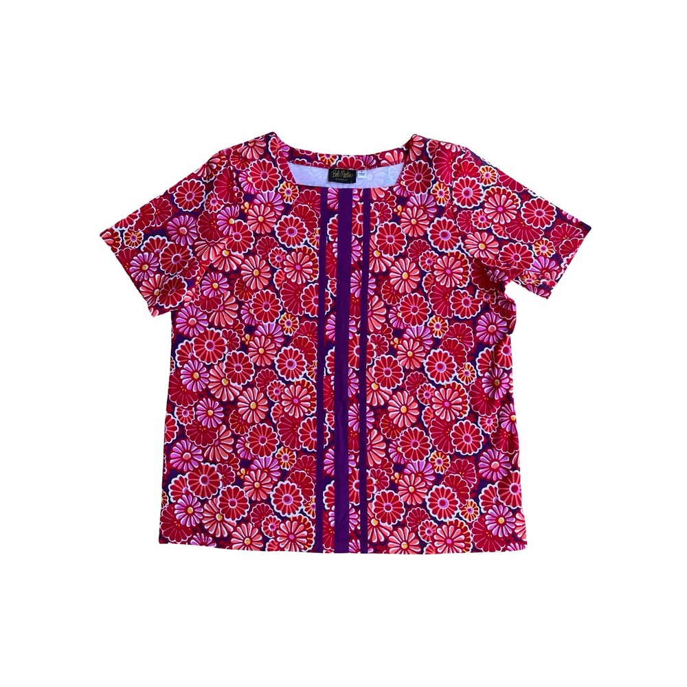 NWT Bob Mackie Wearable-Art Floral Daisy Groovy Square Neck Ribbon Trim XL Top
